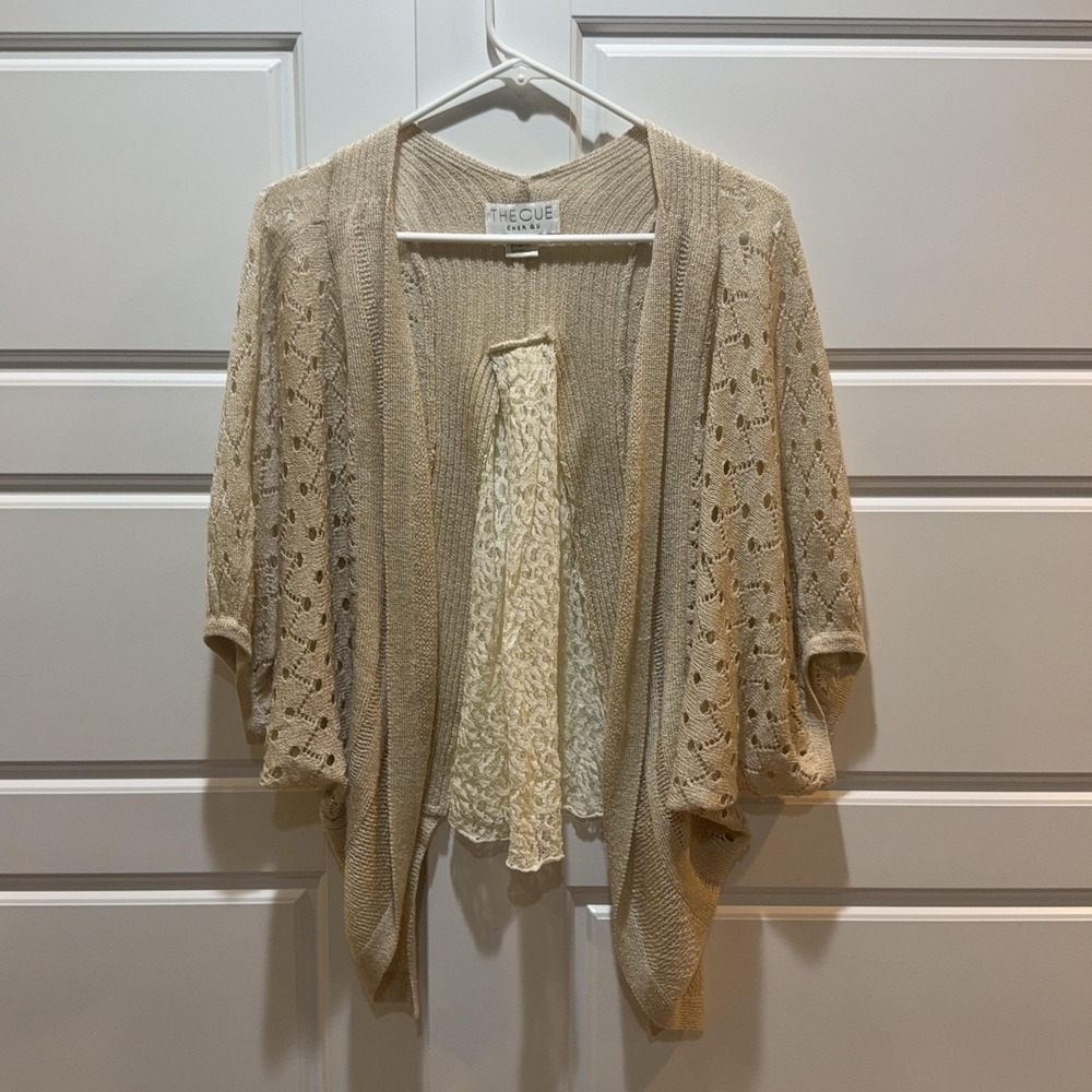 The Cue Sweater Cardigan Womens L Beige Cotton Open Knit Dolman Sleeve